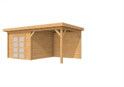 Douglas tuinhuis Roek met luifel 300 cm, afm. 584 x 289 cm, plat dak, houtdikte 28 mm.  - kleurloos geïmpregneerd