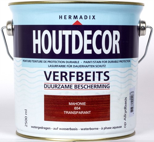 Hermadix houtdecor verfbeits, transparant, nr. 654 mahonie, blik 2,5 liter