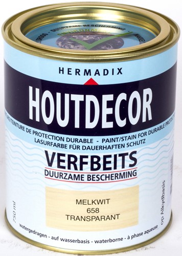 Hermadix houtdecor verfbeits, transparant, nr. 658 melkwit, blik 0,75 liter