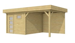 Blokhut Tapuit met luifel 400, afm. 689 x 303 cm, plat dak, houtdikte 28 mm. - groen geïmpregneerd vuren