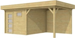 Blokhut Tapuit met luifel 400, afm. 689 x 303 cm, plat dak, houtdikte 28 mm. - groen geïmpregneerd vuren