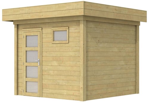Blokhut Bonte Kraai, afm. 303 x 253 cm, plat dak, houtdikte 28 mm. - groen geïmpregneerd vuren