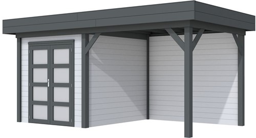 Blokhut Kolibri met luifel 400, afm. 636 x 253 cm, plat dak, houtdikte 28 mm. - basis en deur antraciet, wand grijs gespoten