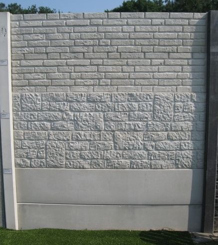 Betonschutting 12x12, 6 dubbelzijdige motiefplaten, geïmpregneerde deksloof, wit beton, per 0,96 m