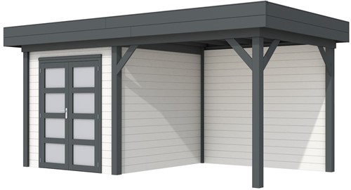 Blokhut Kolibri met luifel 400, afm. 636 x 253 cm, plat dak, houtdikte 28 mm. - basis en deur antraciet, wand wit gespoten