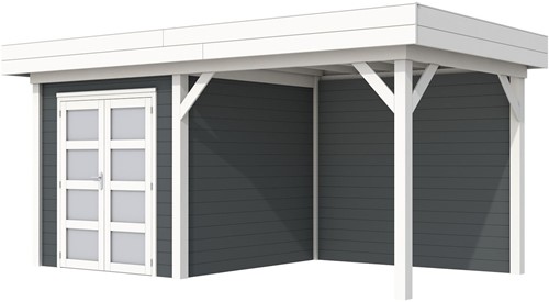 Blokhut Kolibri met luifel 400, afm. 636 x 253 cm, plat dak, houtdikte 28 mm. - basis en deur wit, wand antraciet gespoten