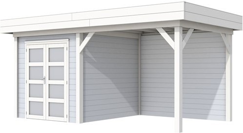 Blokhut Kolibri met luifel 400, afm. 636 x 253 cm, plat dak, houtdikte 28 mm. - basis en deur wit, wand grijs gespoten