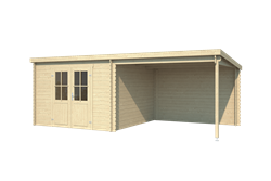 Blokhut Orlando, 581 x 292 cm, met dubbele deur, lessenaarsdak, houtdikte 28 mm, vuren - onbehandeld (blank) vuren