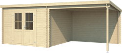 Blokhut Orlando, 581 x 292 cm, met dubbele deur, lessenaarsdak, houtdikte 28 mm, vuren - onbehandeld (blank) vuren