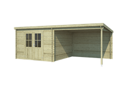 Blokhut Orlando, 581 x 292 cm, met dubbele deur, lessenaarsdak, houtdikte 28 mm, vuren - groen geïmpregneerd