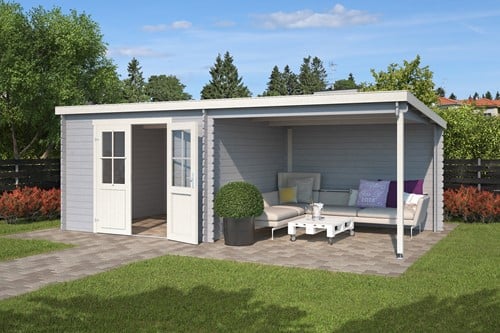 Blokhut Orlando, 581 x 292 cm, met dubbele deur, lessenaarsdak, houtdikte 28 mm, vuren - platinum grey-2