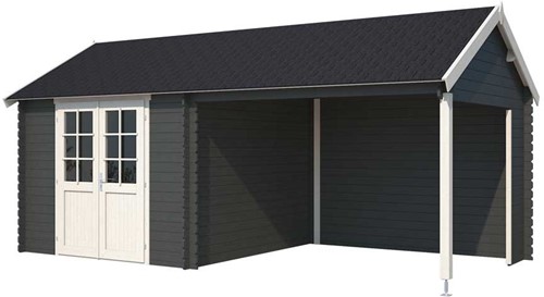 Showmodel blokhut met overkapping Fraya, Carbon grijs-wit 570 x 275 cm