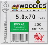 Woodies Ultimate schroeven, afm.  5.0 x   70/40 mm, rvs A2, doos 200 stuks-2