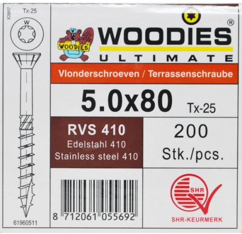 eenheid Zoeken vuilnis Woodies Ultimate vlonderschroeven, afm. 5.0 x 80/50 mm, rvs 410, doos 200  stuks bij Buitengoed